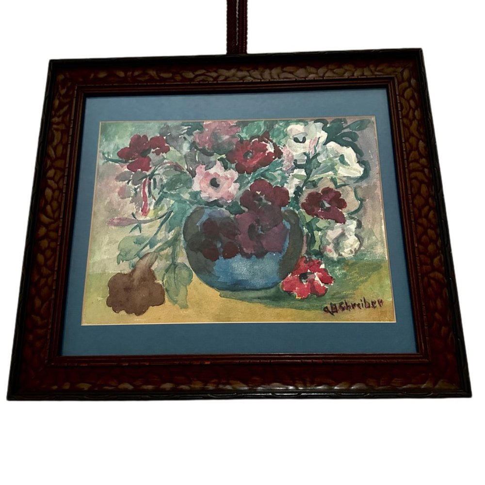 Vintage still life framed painting of flowers in a blue vase